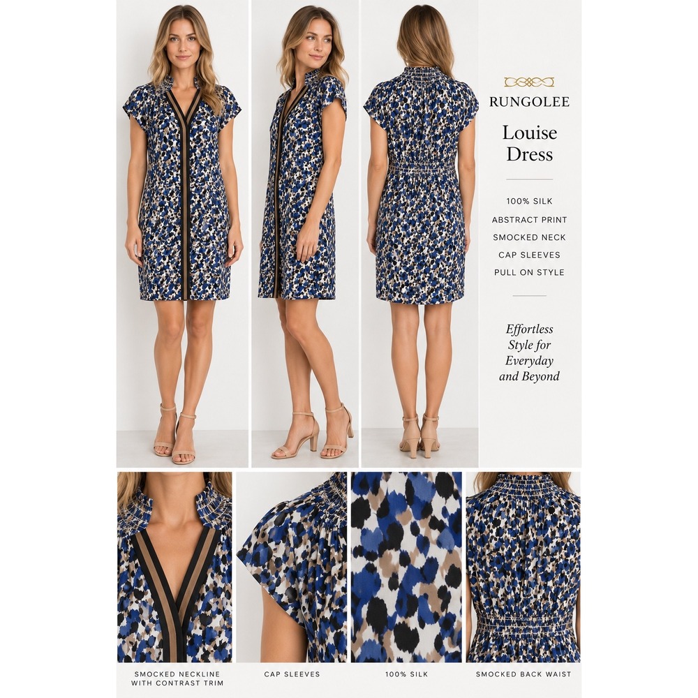 Rungolee Louise Dress Womens XXS 100% Silk Blue Abstract Print Smocked Neck